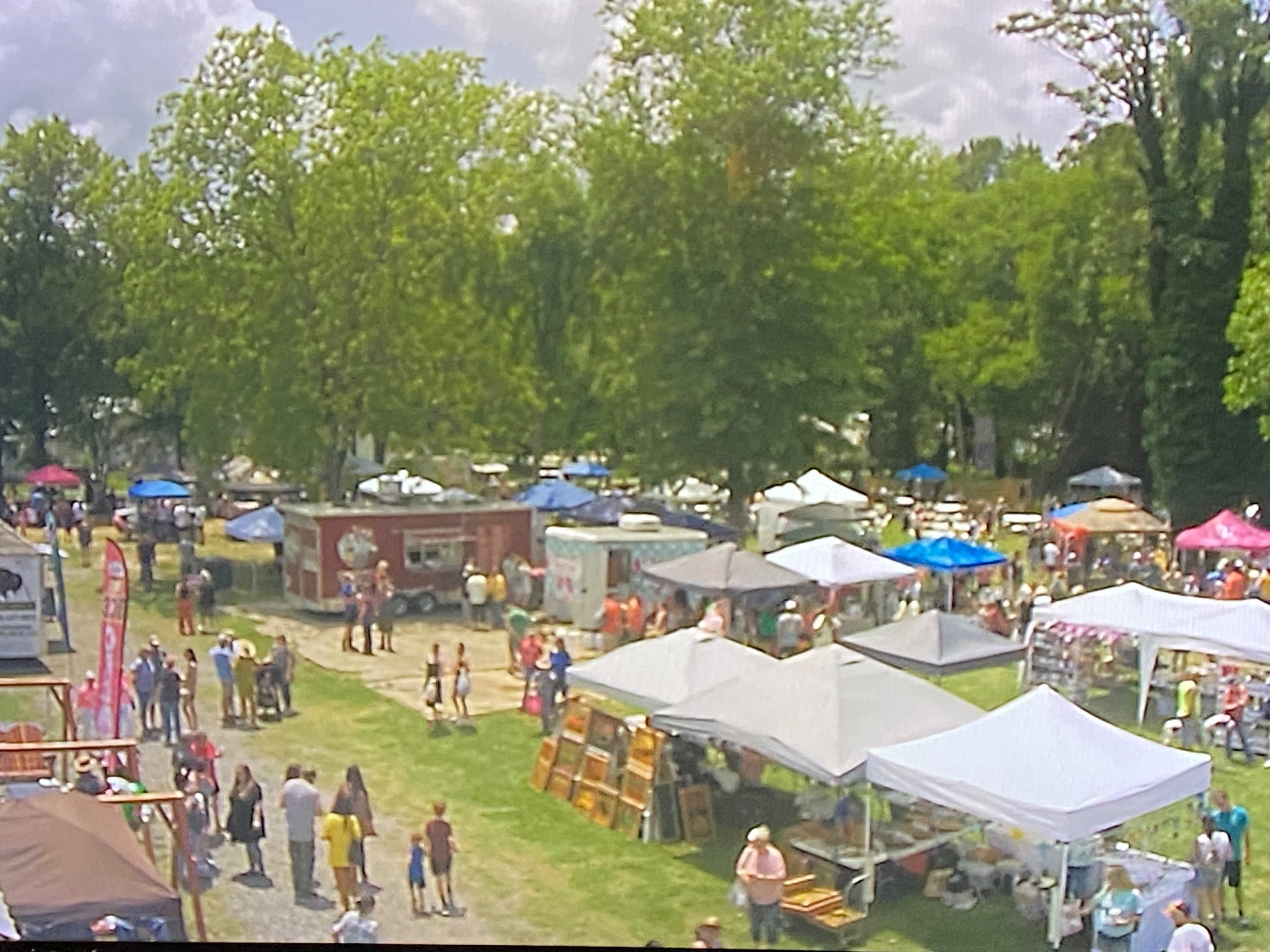 Community festival with tents and food trucks in Piedmont, Alabama